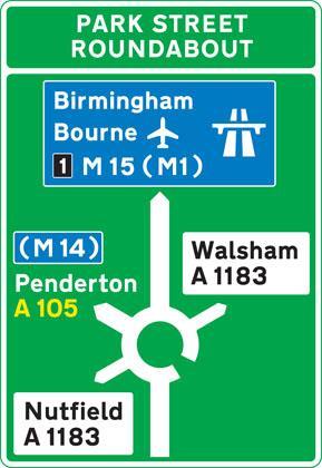 Blue panels indicate that the motorway starts at the junction ahead.