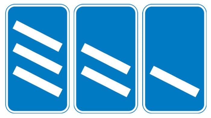Traffic in right hand lane of slip road joining the main carriageway has priority over left hand lane Countdown markers at exit from