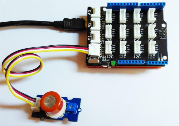 It is possible to connect the Grove module to Arduino directly by using jumper wires by using the connection as shown in the table below: Arduino Gas Sensor 5V GND NC Analog A0 VCC GND NC SIG The