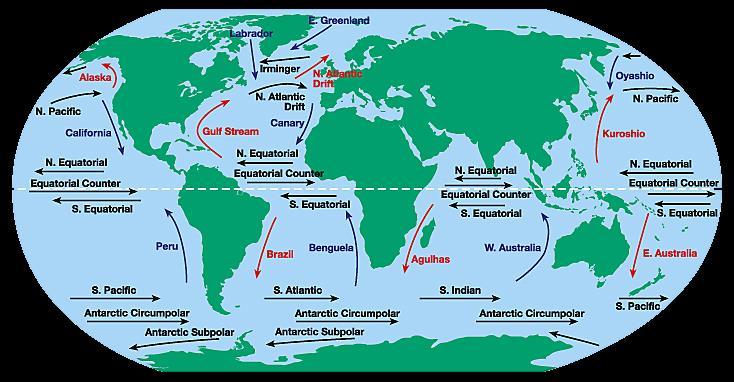 Ocean currents follow the same pattern of the winds surface_currents_lg Gulf Stream (surface) and Polar conveyer belt transport (under water) You should