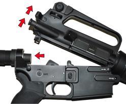 2. Push the rear takedown pin out (from left to right) to its fully open and captured position. 3.