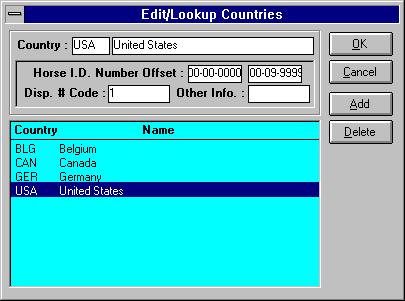 Countries Choose Setup/Countries to set up the different will be entering horses. The fields are as follows : countries for which you Country The code to identify this country.