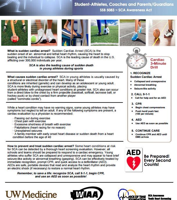 Sudden Cardiac Awareness Act Information on Compliance with Senate Bill 5083 - "Sudden Cardiac Arrest Awareness Act The safety of our players is paramount to Washington Youth Soccer.