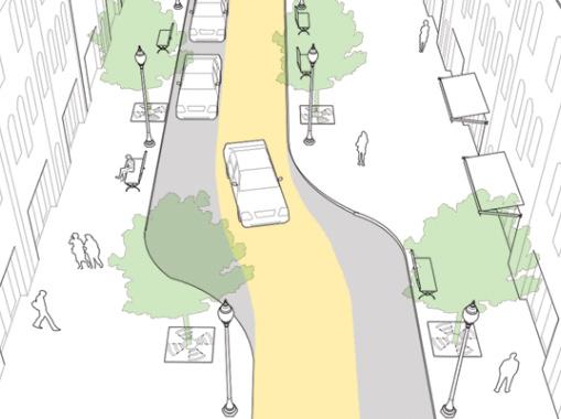 TRAFFIC CALMING TOOLBOX CHICANES A chicane is a roadway design that makes drivers drive down a street in an S shaped line using objects such as curb extensions, planters, or parking that is switched