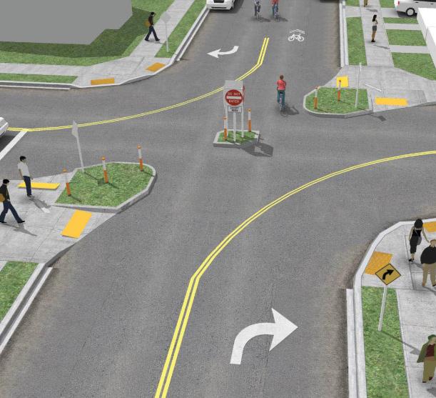 Benefits: Slows drivers on residential streets through permanent, physical design changes Opportunities for landscaping, beautification, or public art Considerations: Only appropriate for one-lane