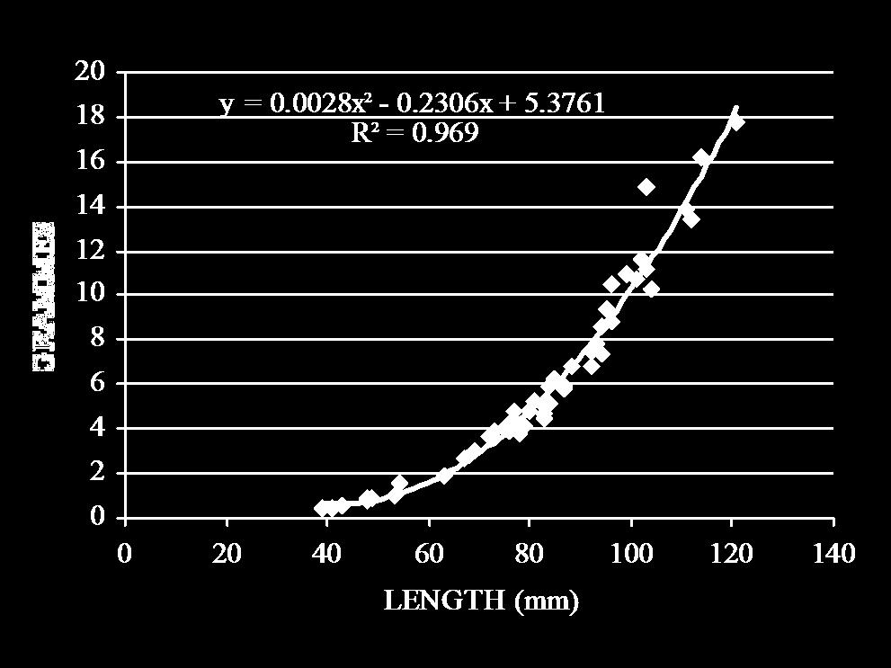The length weight relationship of the 1979 samples is shown in Graph C.2.2, from which it can be seen that 16 to 18g (around 0.