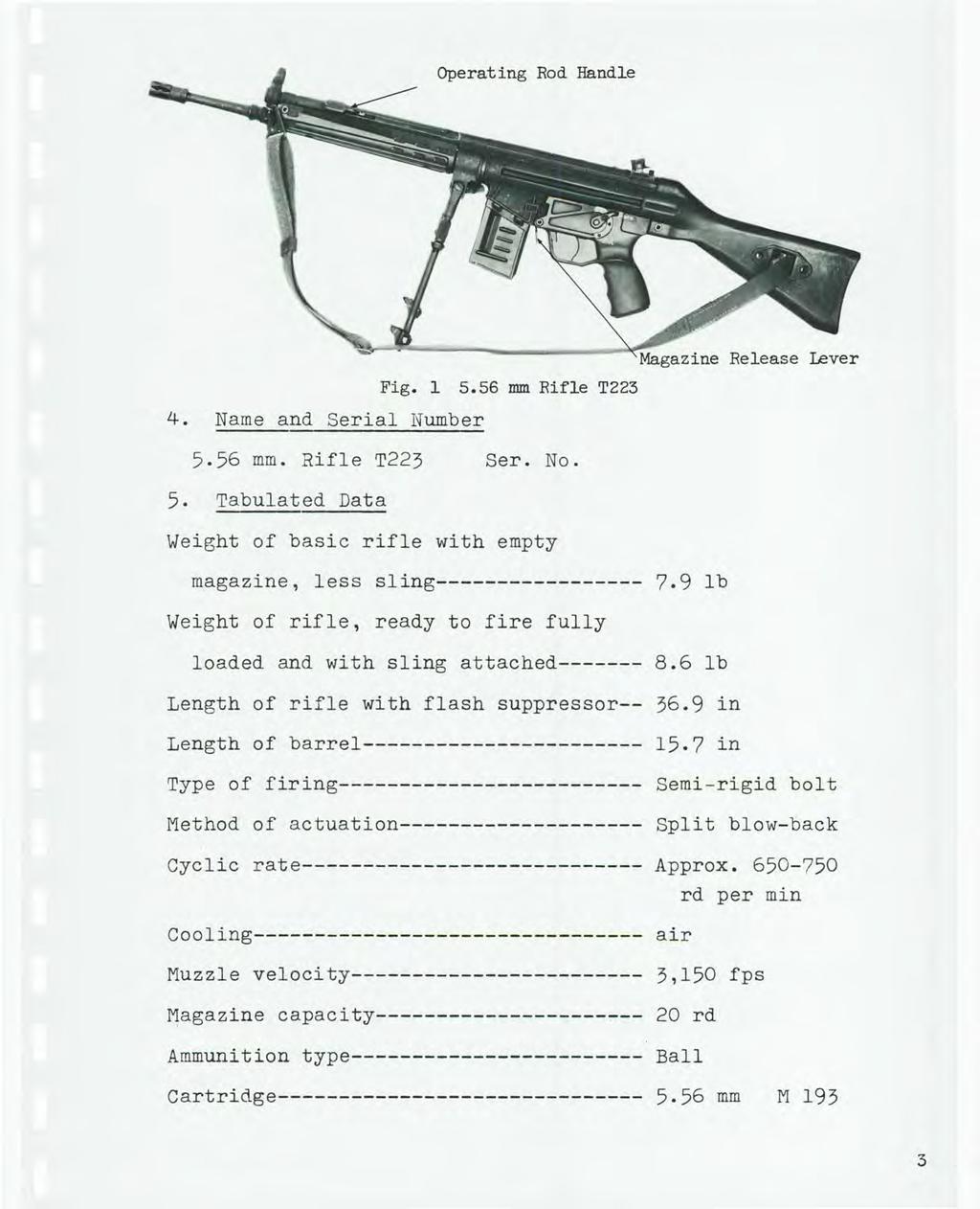 Operating Rod Handle Fig. 1 4. Name and Serial Number 5.56 mm Rifle T223 Release lever 5.56 rnm. Rifle T223 Ser. No. 5. Tabulated Data Weight of basic rifle with empty magazine, less sling----------------- 7.