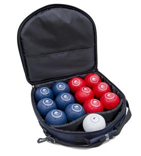 A Boccia set consists of 6 red, 6 blue balls and 1 white target ball.