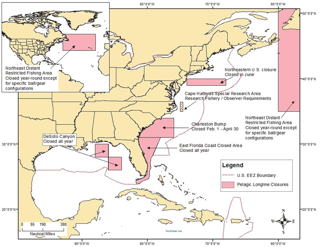 Figure 3 Time/area closures that restrict use of pelagic longlinegear in the Atlantic Ocean, Gulf of Mexico, and Caribbean Sea. Additional closures for all gears are presented in Figure 2.