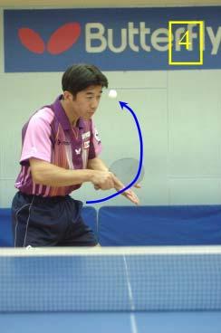 08 Stars under the magnifer When the ball reaches its highest point Koji moves the playing arm in front of the body slightly upwards (picture 4).