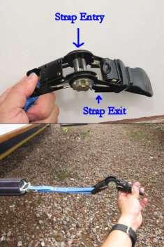 Step 4: Open the ratchet tie-down buckle until the ratchet is engaged into the 2nd-last notch, retaining the obtuse angle between the buckle's handle and body.