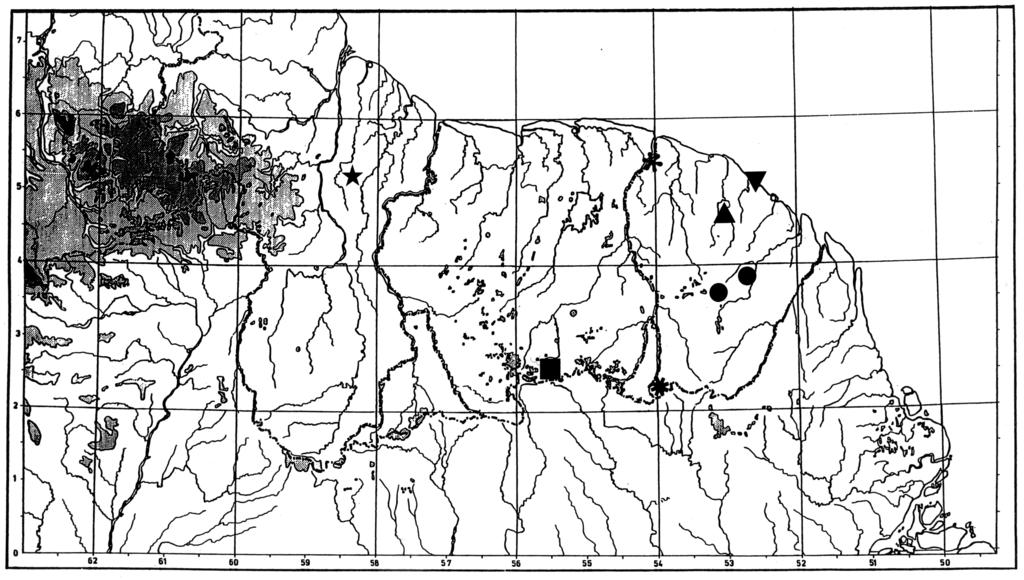 44 LOURENÇO, W. R. Fig. 7. Map of the Guyana s region showing the distribution of the known Ananteris species. Ananteris venezuelensis (black star). Ananteris coineaui (black circle).
