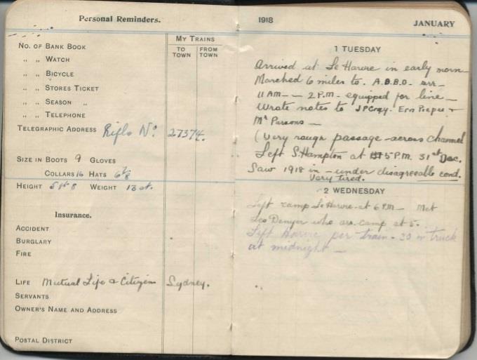 WALTER OTTO HERBERT ALLEN DIARY 1918 - JANUARY 1 TUESDAY Arrived Le Havre in early morn. Marched 6 miles to A.D.B.O. arr 11 am.. 2.pm equipped for line Wrote notes to J.P.
