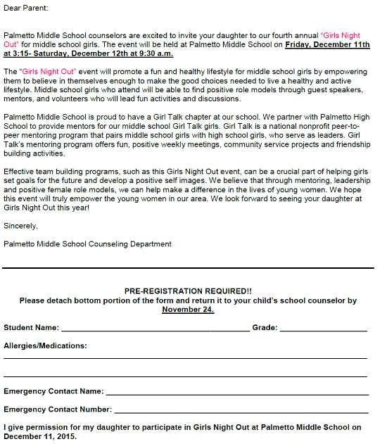 Do you need Christmas assistance this year? See details about Project G.I.F.T.S. Click Link Below for More Details Project G.I.F.T.S. Information For All Palmetto Area Parents Girls Night Out letters went home on 11/6!