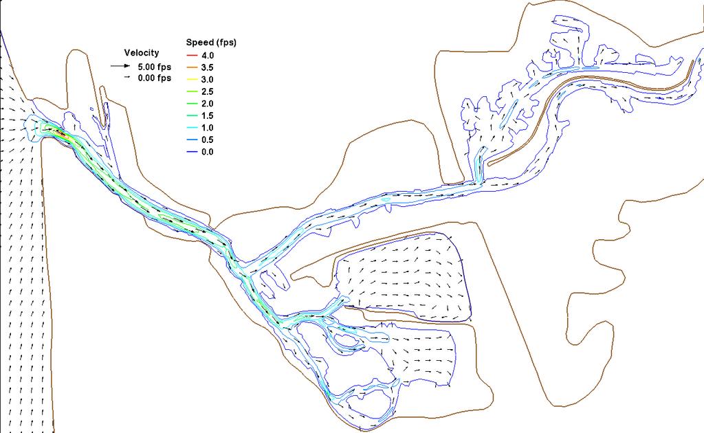 Figure 5-6: Peak Flood Tide Velocity Contours for Existing