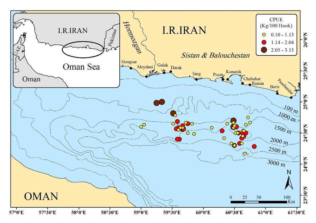 Fig.2. Spatial frequency index of yellowfin tuna caught by artisanal longliners operated in Oman Sea. Fig.3. CPUE trend of yellowfin tuna by month from artisanal longliners operated in in Oman Sea.