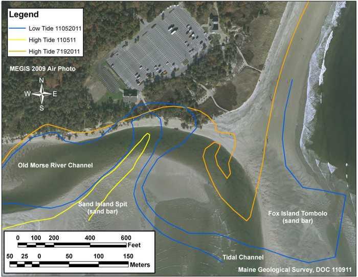 Figure by S.M. Dickson Evaluating the Erosion Threat Figure 5 shows the beach survey. Note about 50 feet of upland dune loss in the vicinity of the bath house between July and November.
