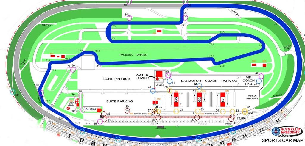 The challenging infield course enters the D-shaped oval near the beginning of the front straight, utilizing most of its 3,100 feet of 11 degree banking before you enter turns 1 and 2, which are