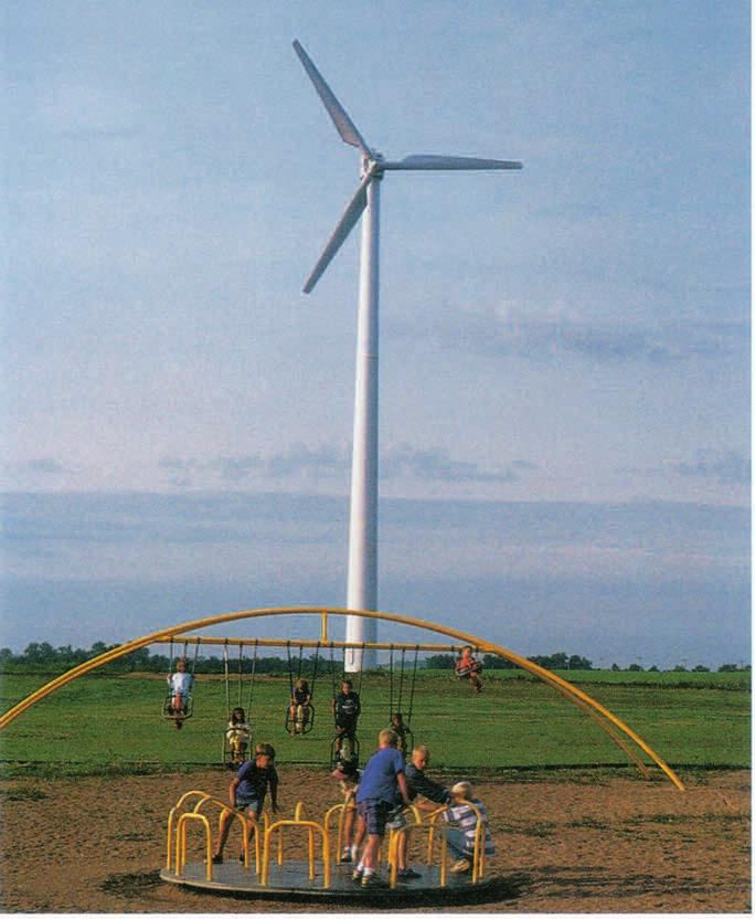 One wind turbine powers all the lights and other electrical devices at Spirit Lake Elementary School, Iowa.