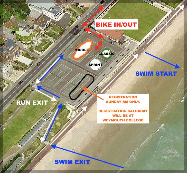 The Weymouth Middle Distance Triathlon - Final race brief. Inc Sprint & Classic. Transition layout You will enter and exit the water in 2 different locations. On exit, you will have some steps approx.