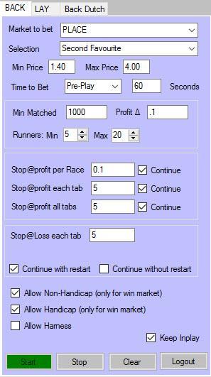The settings are: Odds between and including 1.50 to 5 Time of the bets are to be actioned 60 seconds before the off.