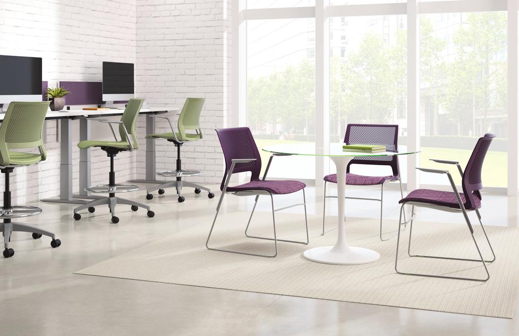 Up to the Task Fully upholstered, upholstered seat or plastic task stools and light task chairs are a comfortable complement for Lumin 4-leg or wire rod side chairs.