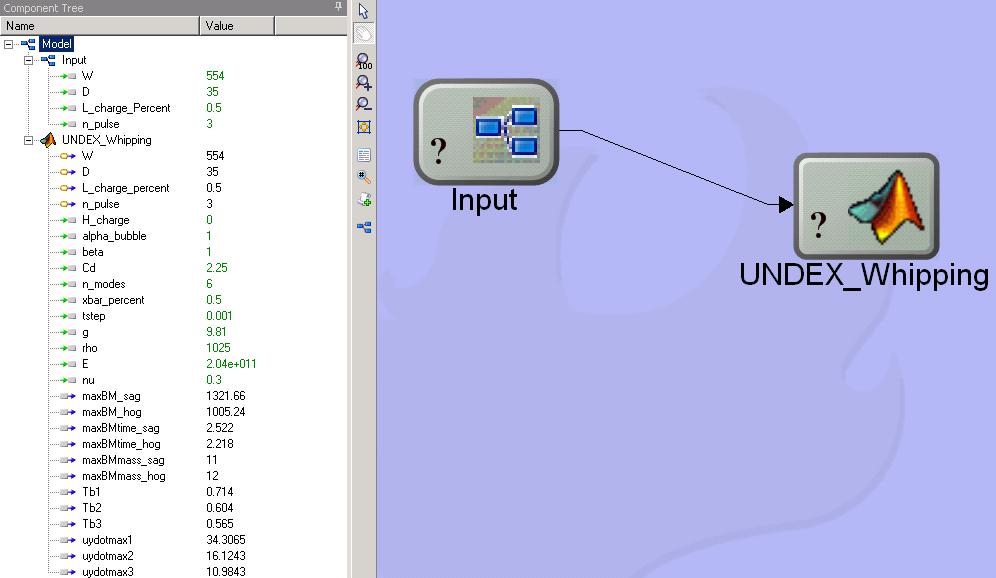 4.2 UNDEX-Induced Whipping Model in ModelCenter A simple two module ModelCenter model was developed to run the study.
