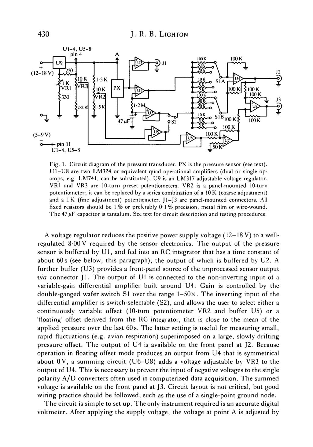 430 Ul-4, U5-8 pin 4 + (12-18V) J2 pin 11 Ul-4, U5-8 Fig. 1. Circuit diagram of the pressure transducer. PX is the pressure sensor (see text).