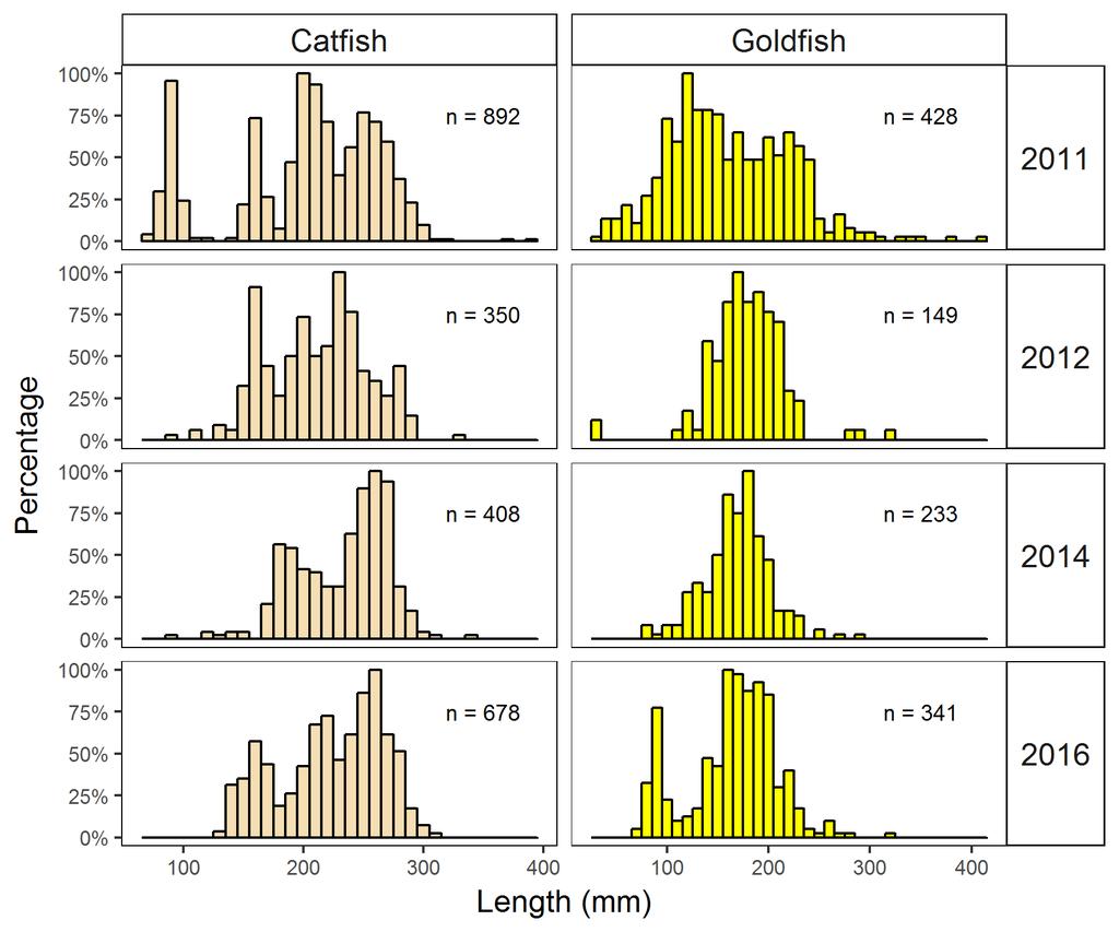A. Catfish and goldfish B. Koi carp and shortfin eels Figure 5.Changes in population structure of A. catfish and goldfish and B.