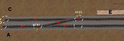 Above is the left half of the picture. You can see the red track marks, indicating the track direction. The crossover E1/E2 allows westbound traffic into the station.
