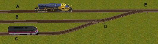 An alternate arrangement, if space and budget permit, is to provide a reverse loop to the right of the industry, like this: In this setup, trains still enter the mill in the same way, but they have a