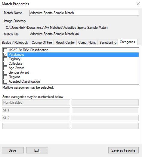 Match Setup: Categories Rulebook defined categories are not customizable.