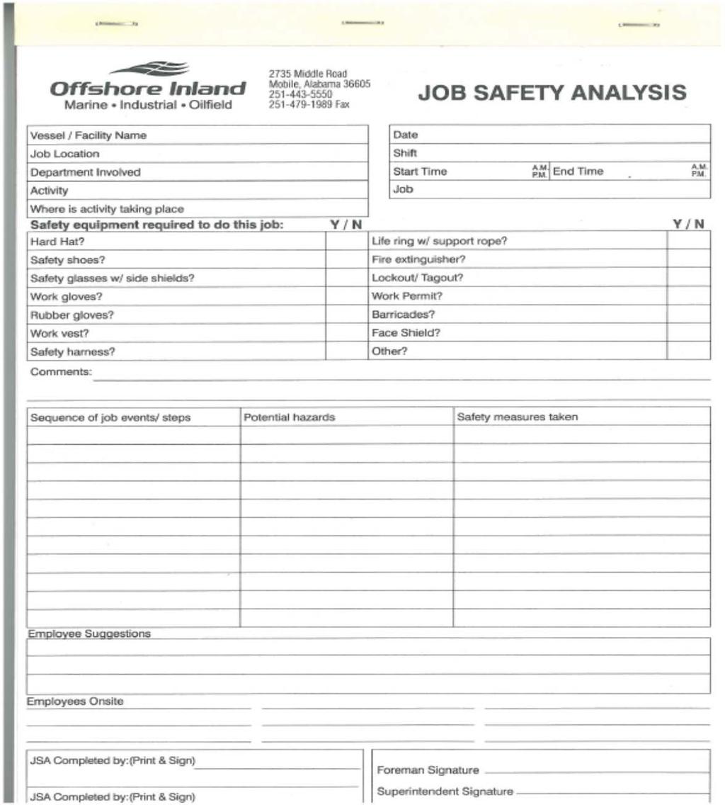 Job Safety Analysis Job Safety Analyses should be completed and presented by your supervisor before starting work.
