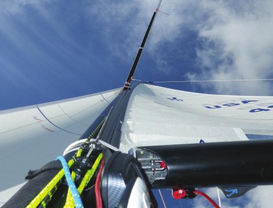 The vang and mainsheet tension is very critical upwind and needs to be adjusted constantly as wind speed changes to keep the boat at the correct angle of heel. Vang Sheeting.