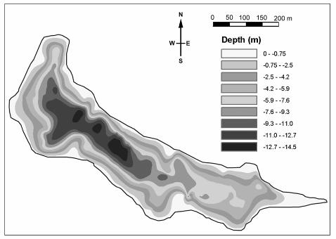 Figure 7 a. Preliminary bathymetric map for Lake Wainamu.