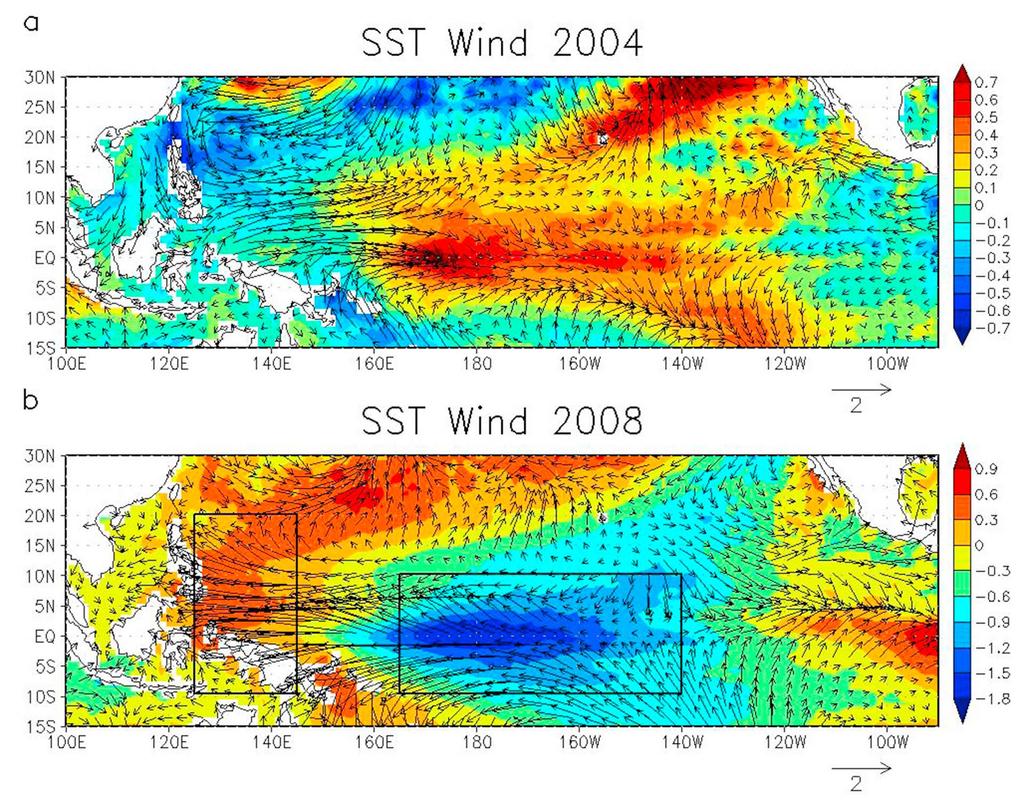 Figure 10. Yearly mean SST and surface wind (arrows) anomalies for (a) 2004 and (b) 2008. The rectangles in Figure 10b are the areas used to calculate EMI2 (see text for the definition).