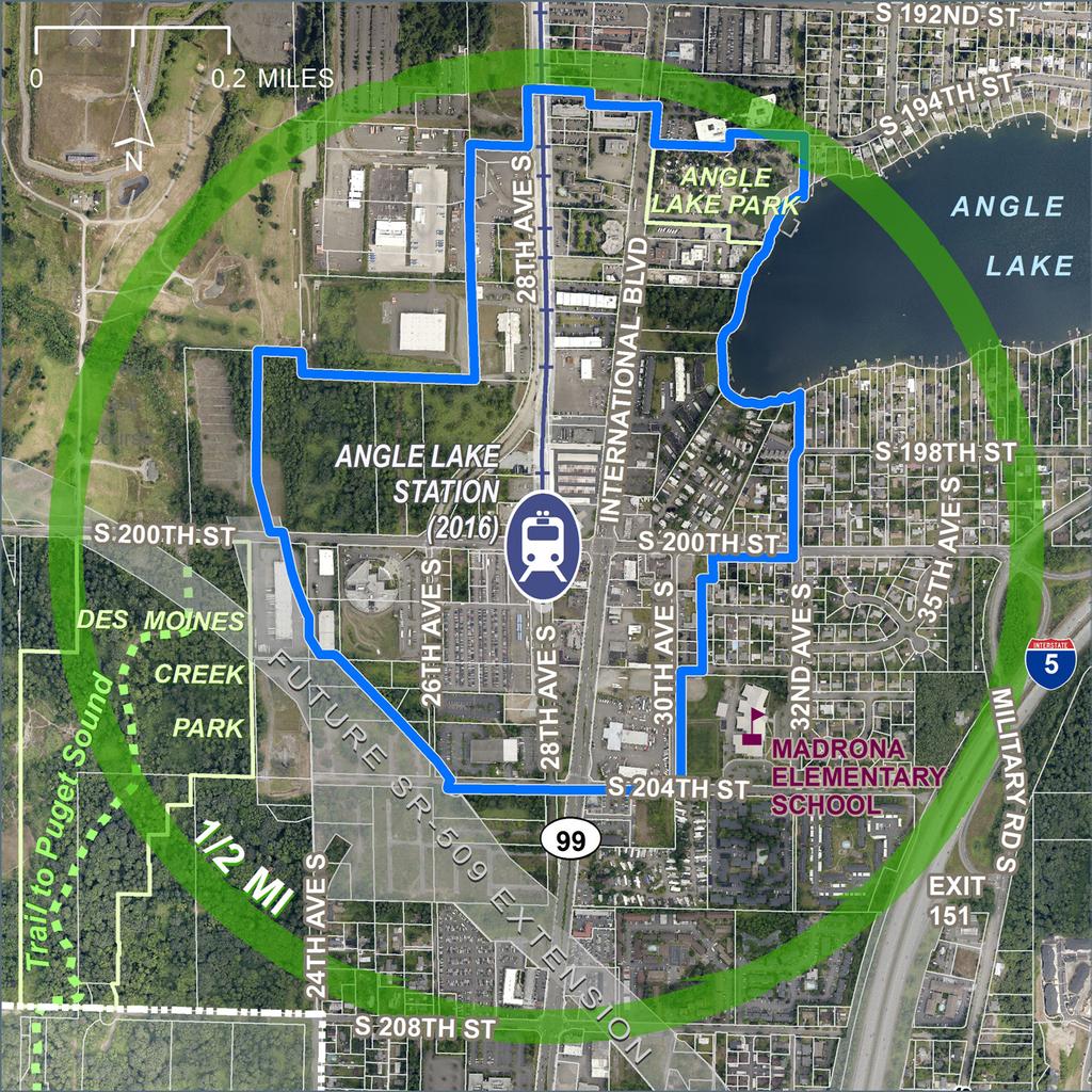 INTRODUCTION THE PLANNING CONTEXT The District Boundary The Angle Lake District is comprised of approximately 171 acres and is located in the south-central section of SeaTac.