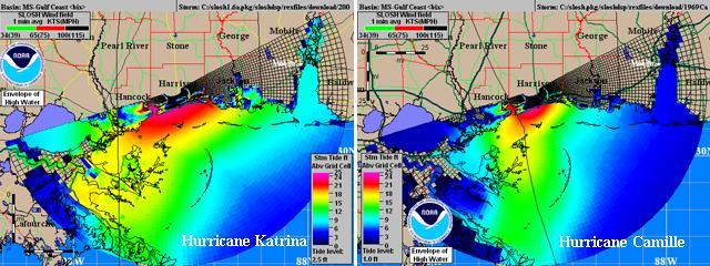 Simpson Scale. A comparison of the maximum storm surge computed by NOAA's SLOSH model from Category 3 Hurricane Katrina at landfall (left) and Category 5 Hurricane Camille (right).