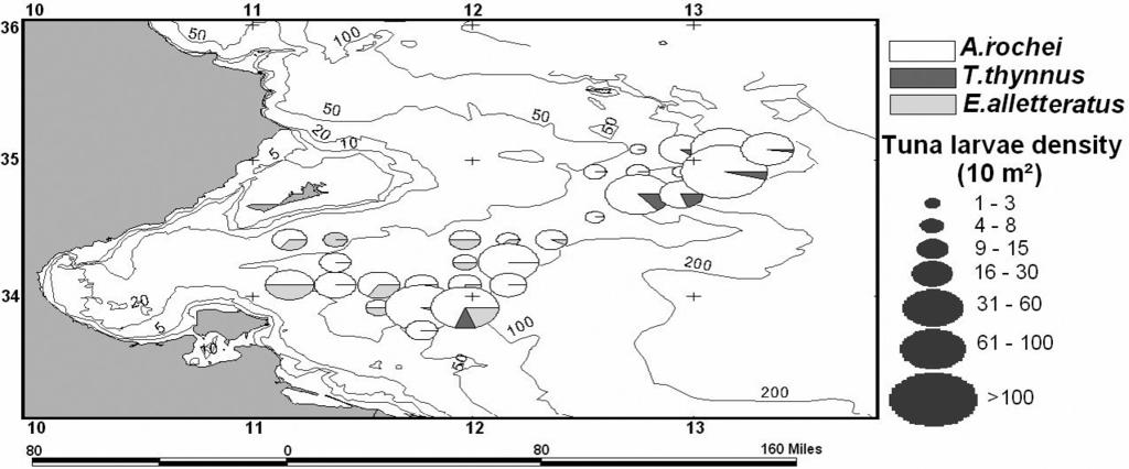 a b c d Fig. 5: Vertical profiles of different environmental parameters [Temperature (a), Salinity (b), Oxygen content (c) and Chlorophyll a (d)] for coastal ( ) and oceanic ( ) stations. Fig. 6: Spatial distribution and density of tuna larvae.