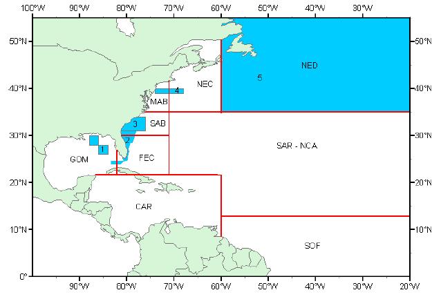Distant waters (NED), Sargargasso-North Central Atlantic (SAR-NCA), and Southern Offshore area (SOF).