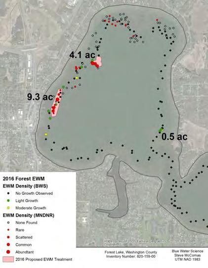 Eurasian Watermilfoil (EWM) Delineation, Treatment, and Assessment: EWM distribution and abundance were evaluated June 10, 2016. Based on that delineation, a total of 13.