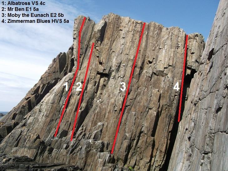 11 Mr Ben E1 5a 20m Start below obvious Prow just right of Albatross, Climb easily to ledge at start of Albatross and then step out right on to the slab and climb upwards using a thin crack for hands