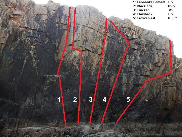 18 Leonard's Lament HS 23m Start: At the left-hand edge of the south platform opposite Prawn Zawn. Gain a small obvious platform at 6m by means of a 6m fluted crack.