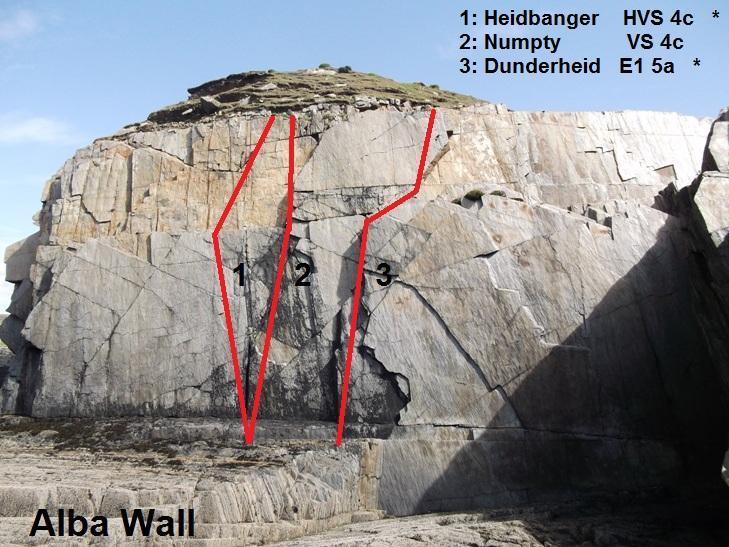 5 Fliuch Baite S 4a 6m On the wall of the island facing the mainland are two obvious cracks, the route follows the left-hand crack, gained by an awkward mantleshelf from a boulder in the channel. D.