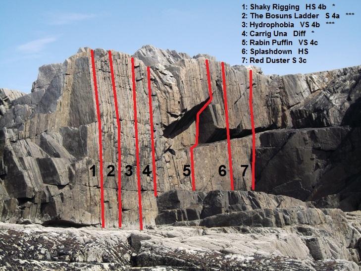 6 Carrig Una D 15m * The crackline 1M left of the slot. From the base of the wall move up to a small stance, then over a slight bulge to easier climbing before the top. J. Leonard, P. O'Connor, G.