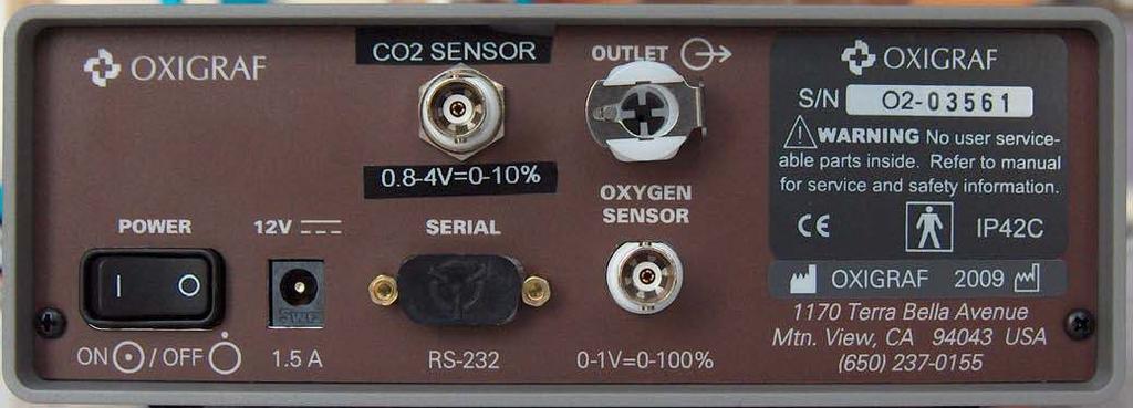 Figure GA-200B-2: The rear panel of the GA-200B gas analyzer Rear Panel of GA-200B The rear panel of the GA-200B has the following features: switch; power input; RS-232 serial port for direct