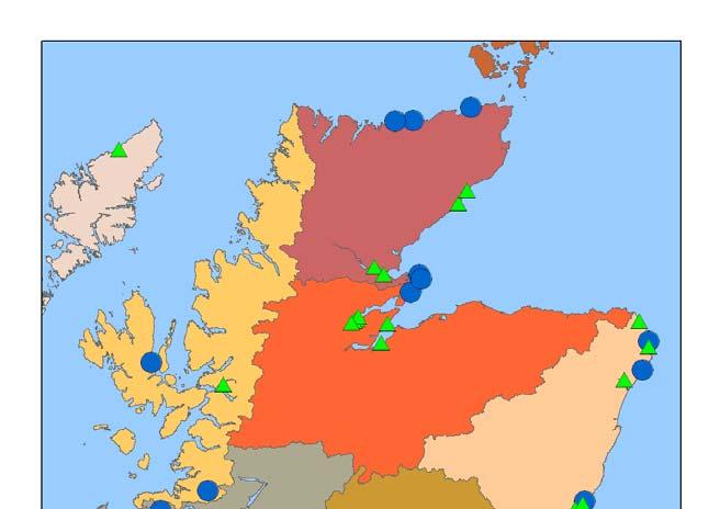 Figure 17 Map showing the distribution of net fisheries in Scotland in 2008. Fixed engine fisheries are shown as blue circles, net and coble fisheries are shown as green triangles.