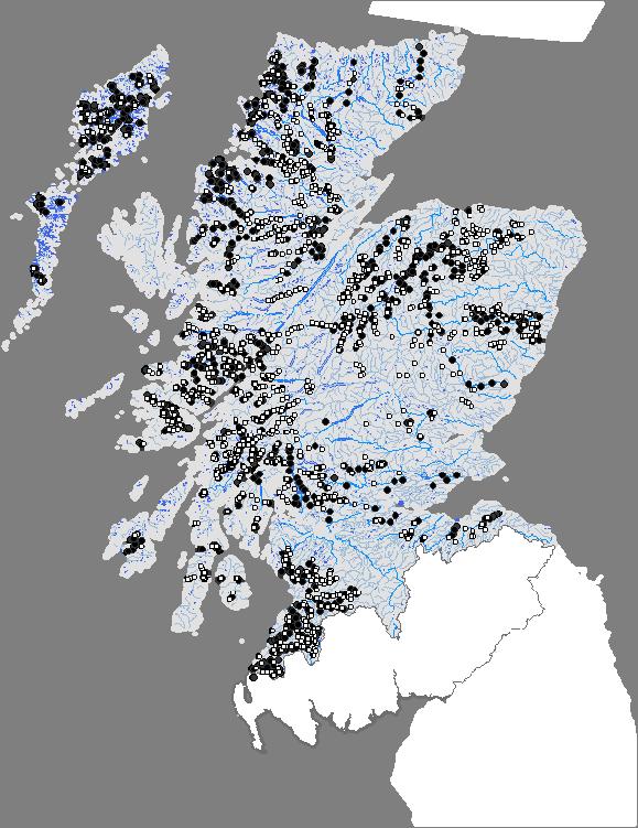 Figure 20. Eel presence ( ) or absence ( ) for sites electrofished in Scotland RBD between 1996 and 2006.
