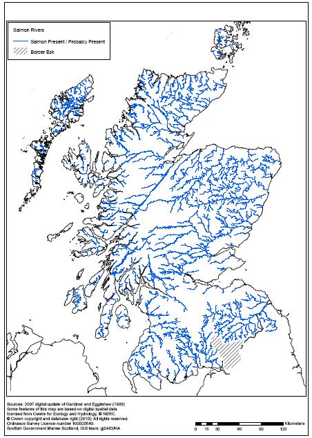 Figure 1 Map showing the distribution of salmon in Scottish rivers. Updated from the original salmon distribution map of Gardiner and Egglishaw (1985). (ICES, 2009).