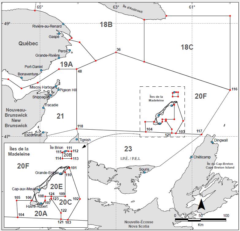 Figure 1. Scallop fishing subareas in the Magdalen Islands (20A, 20B, 20C, 20E and 20F).